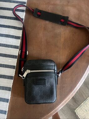 Gucci Black Crossbody Belt Bag with Red and Blue Web Strap